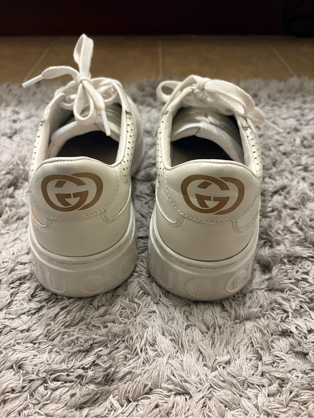 Gucci White Leather Sneakers with Gold GG Heel Emblem